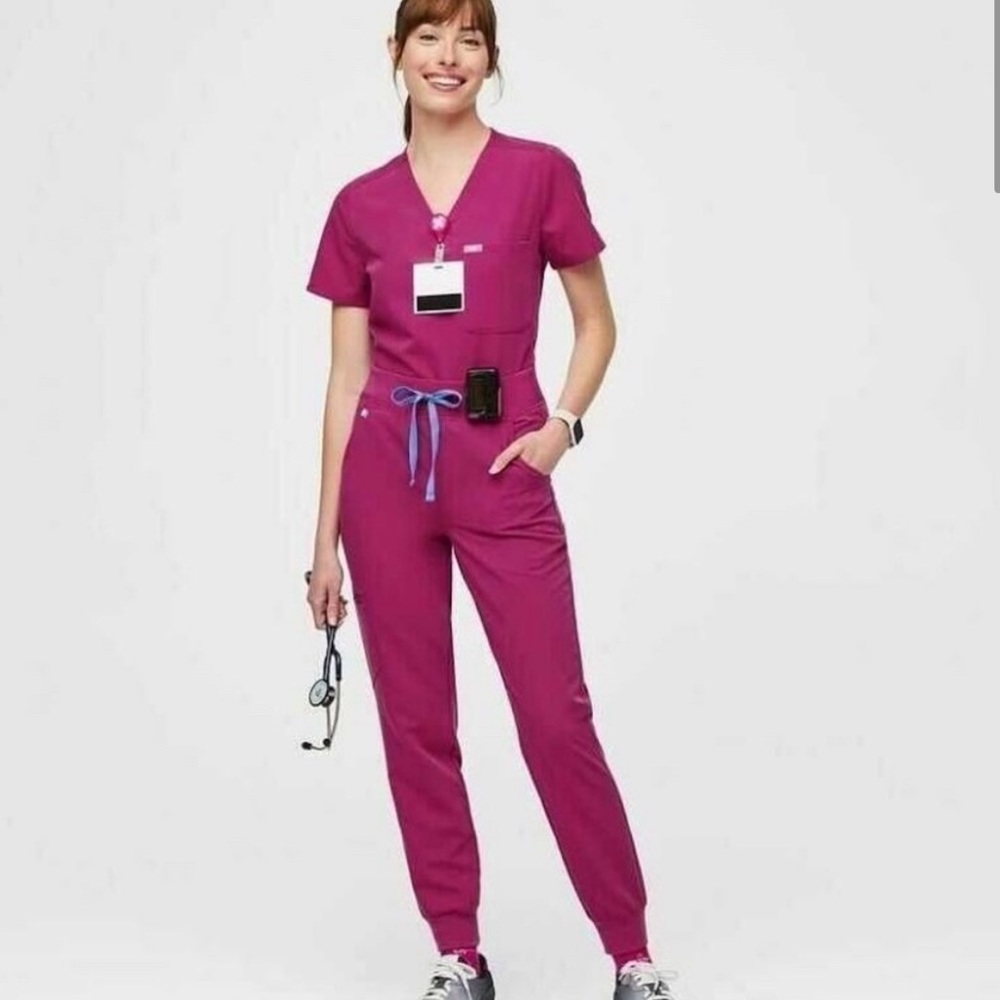 Raspberry Sorbet Yola High Waisted Scrub Pants & Catarina One Pocket Scrub Top